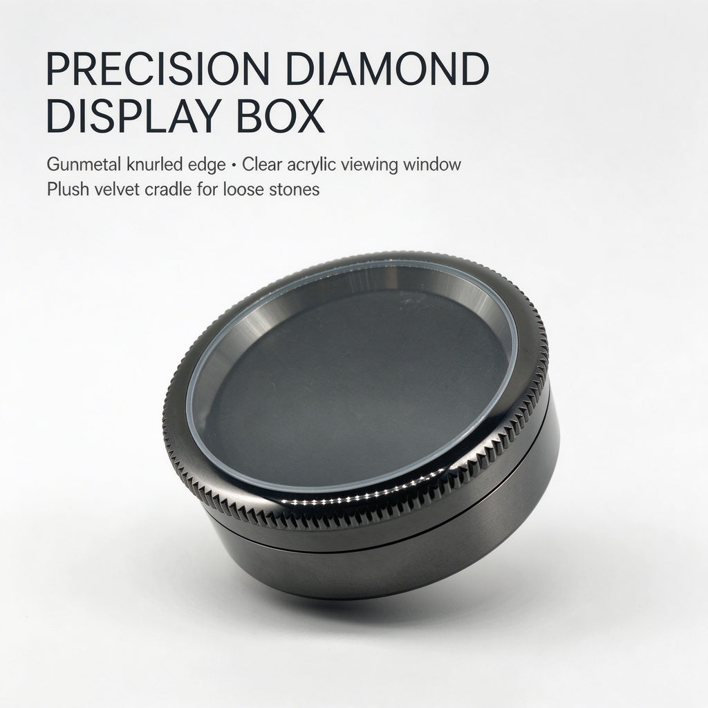 U-choice Metal Diamond Parcel Box, Tungsten-Steel-Finish Round Gem Display Case with Glass Window and Memory Foam Pad, Loose Diamond Storage Container – Large 44mm / Small 32mm