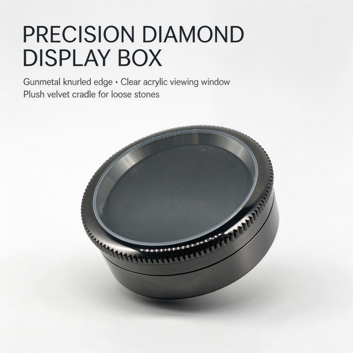 U-choice Metal Diamond Parcel Box, Tungsten-Steel-Finish Round Gem Display Case with Glass Window and Memory Foam Pad, Loose Diamond Storage Container – Large 44mm / Small 32mm