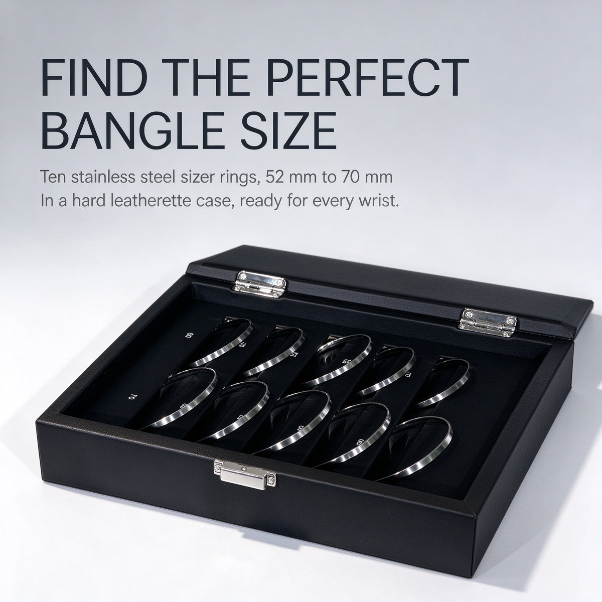 UCHOICE Bangle Sizer Box for Jewelry Stores and 10 Stainless Steel Bangle Sizing Rings 52 to 70 mm Inner Diameter in Black Leatherette Flip-Top Case with Jewelry Bracelet Gauge Set for Ring Size Measurement