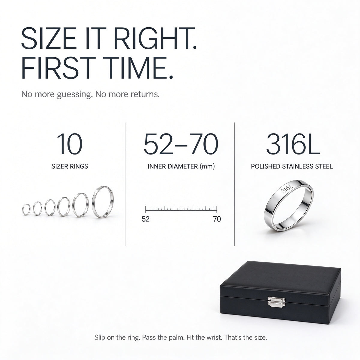 UCHOICE Bangle Sizer Box for Jewelry Stores and 10 Stainless Steel Bangle Sizing Rings 52 to 70 mm Inner Diameter in Black Leatherette Flip-Top Case with Jewelry Bracelet Gauge Set for Ring Size Measurement