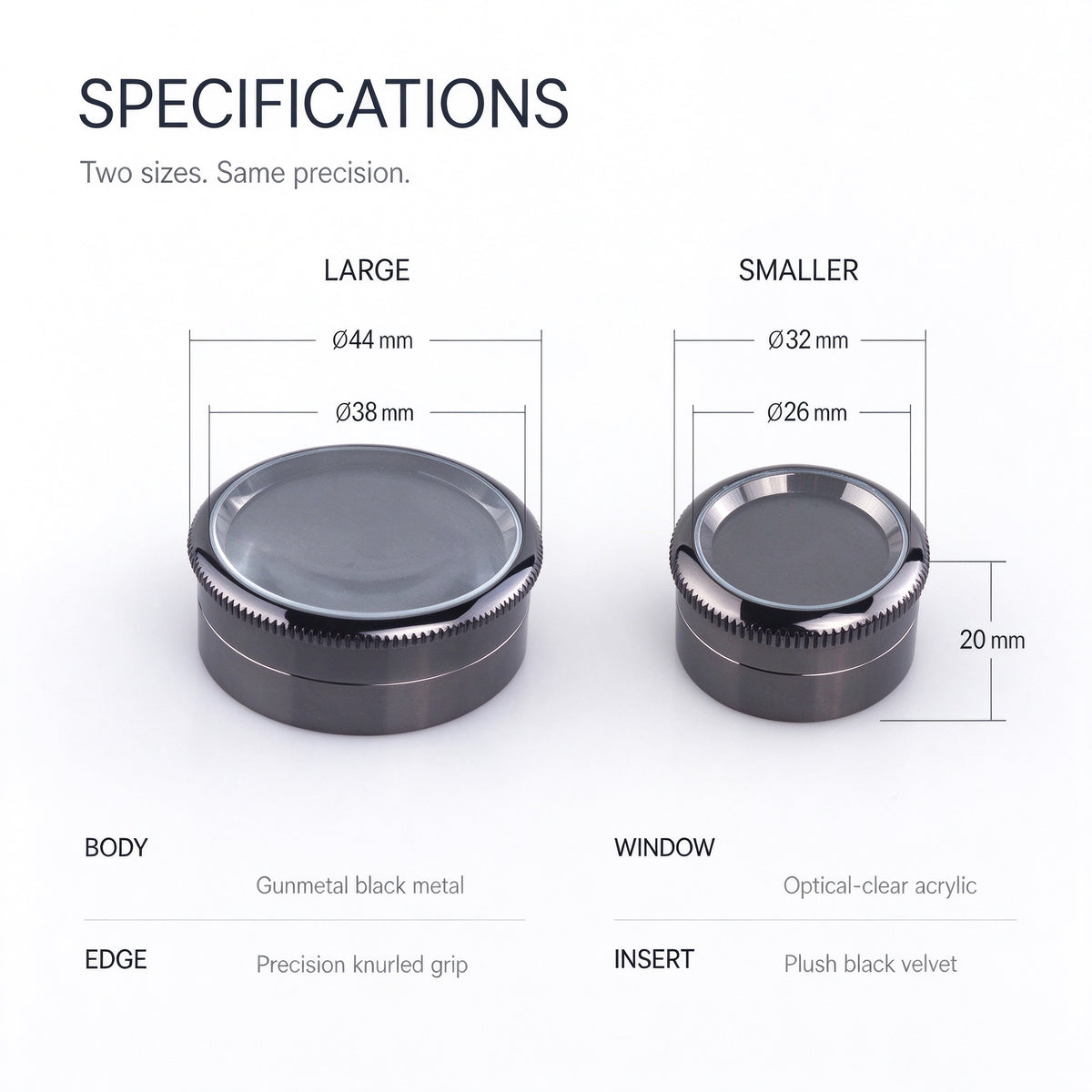 U-choice Metal Diamond Parcel Box, Tungsten-Steel-Finish Round Gem Display Case with Glass Window and Memory Foam Pad, Loose Diamond Storage Container – Large 44mm / Small 32mm