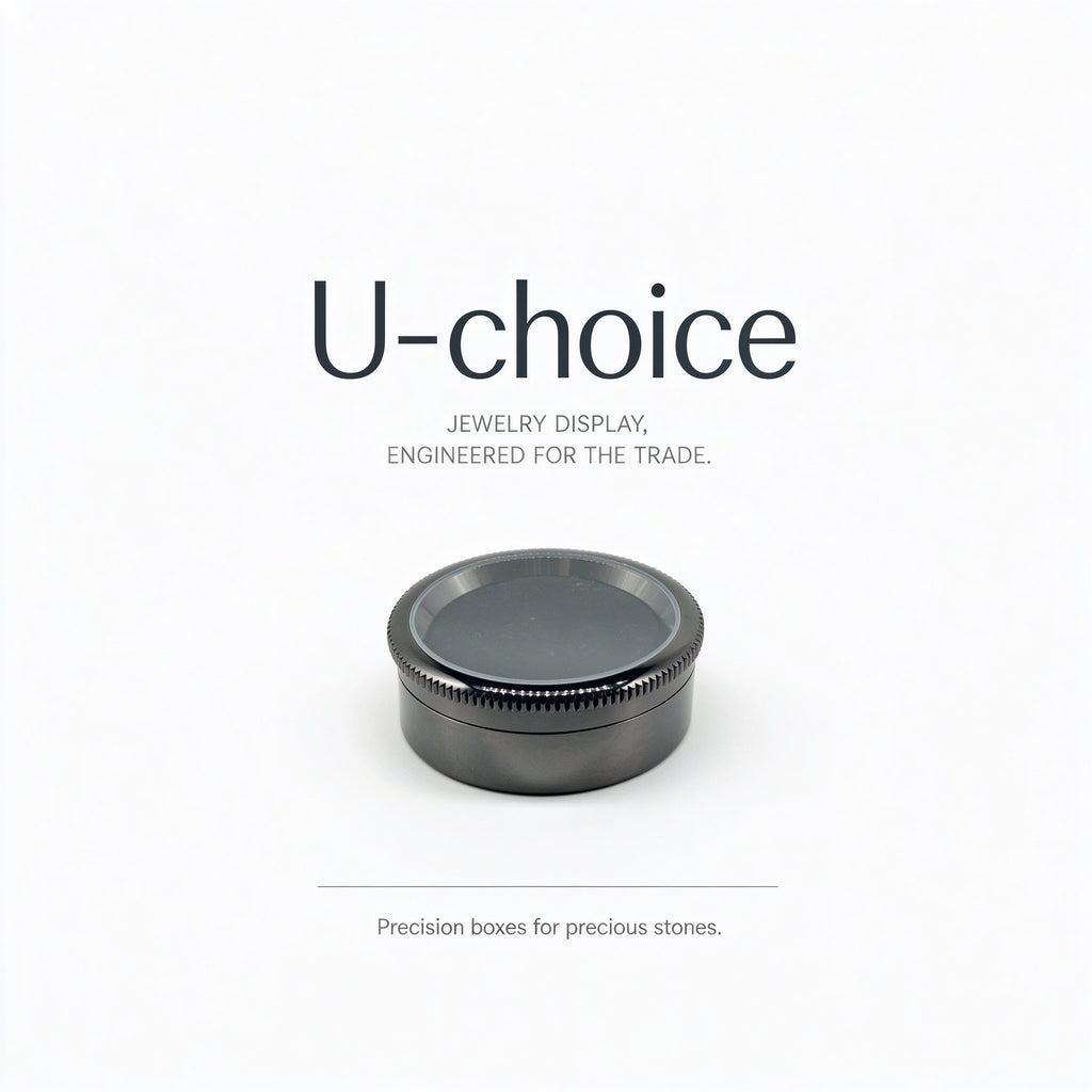 U-choice Metal Diamond Parcel Box, Tungsten-Steel-Finish Round Gem Display Case with Glass Window and Memory Foam Pad, Loose Diamond Storage Container – Large 44mm / Small 32mm