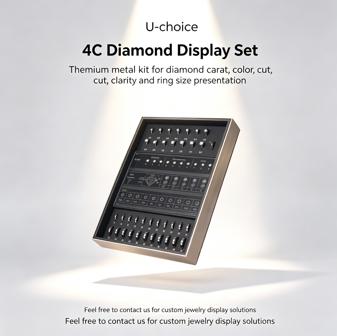 Premium Metal 4C Diamond Grading Display Kit | Dual Style Stand & Storage Box | Carat, Color, Cut, Clarity & US Ring Size Reference Tool for Jewelry Stores & Trade Shows