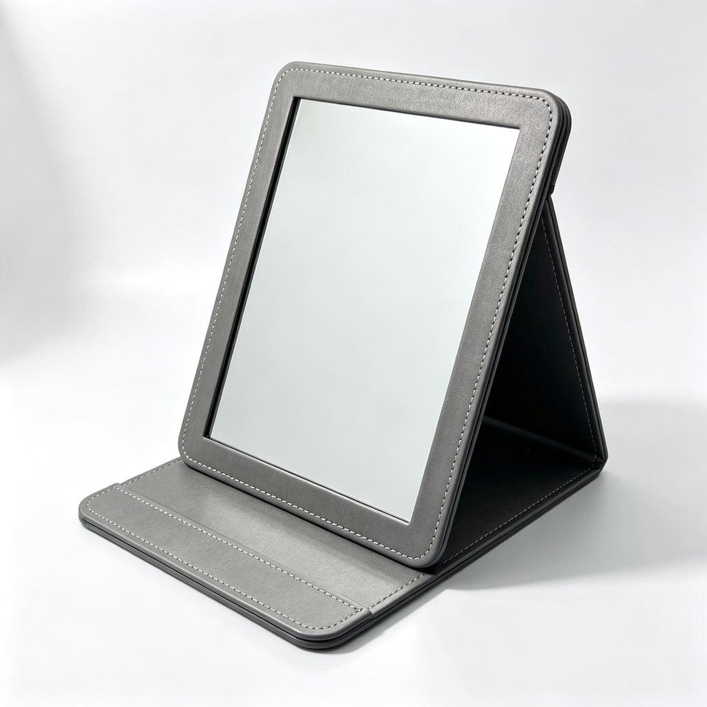 U-choice PU Leather Folding Tabletop Jewelry Counter Mirror, Portable Triangular-Stand Vanity Mirror with HD Clear Glass and White Stitching – Gray / Champagne Gold / Navy / Brown