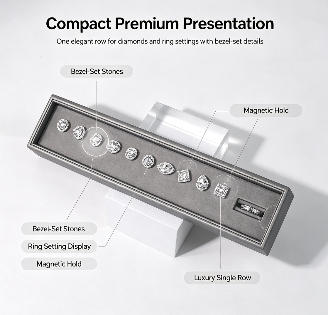 Luxury Single-Row Magnetic Diamond & Ring Setting Display Box | Bezel-Set Stone Presentation Tray for Fine Jewelry Stores, Client Consultation and Exhibition Display