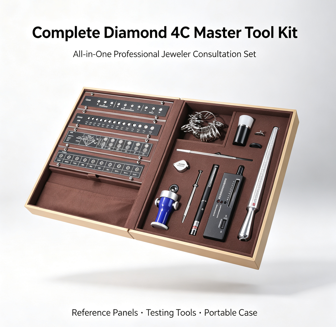 Complete Diamond 4C Master Tool Kit | All‑in‑One Professional Jeweler Consultation Box, with 4C Reference Samples, Diamond Tester, Loupe, Ring Sizer Set for Jewelry Store, Trade Show & Gem Training
