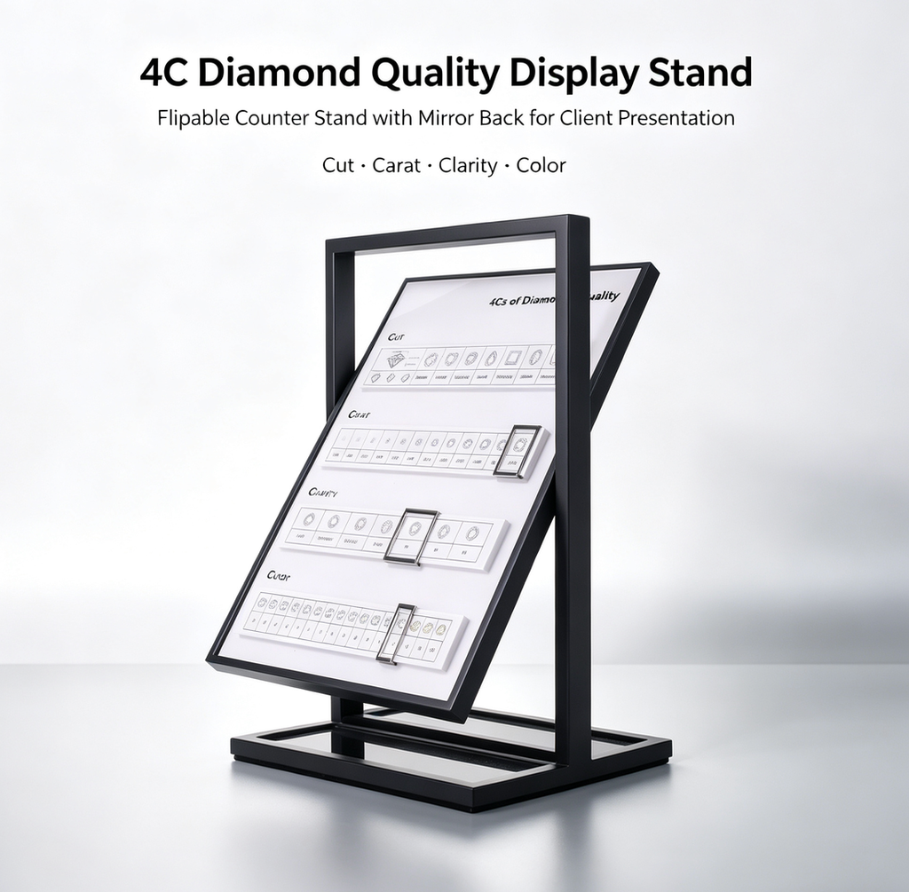 4C Diamond Quality Display Stand | Flipable Counter Stand with Mirror Back | Diamond Cut, Carat, Clarity & Color Reference for Jewelry Store Consultation
