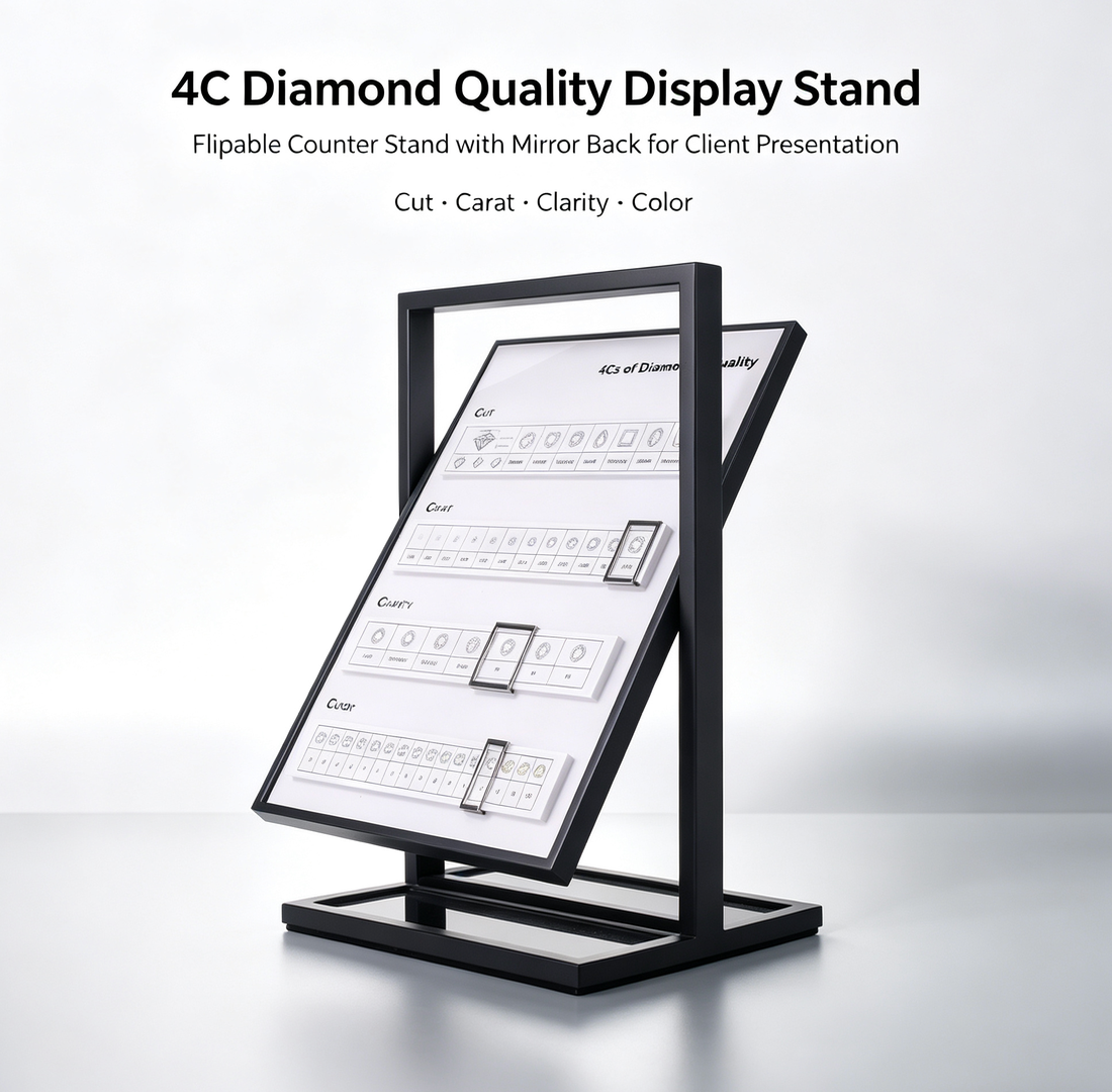 4C Diamond Quality Display Stand | Flipable Counter Stand with Mirror Back | Diamond Cut, Carat, Clarity & Color Reference for Jewelry Store Consultation
