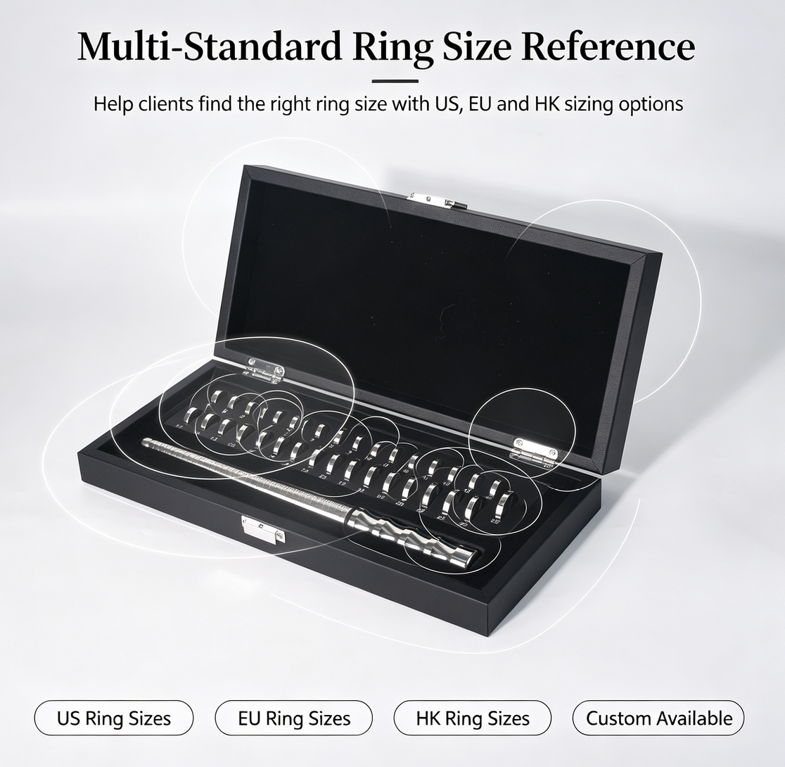 Ring Size Display Box | US, EU & HK Ring Size Reference | Professional Ring Sizing Kit for Jewelry Stores, Client Fitting & Trade Shows