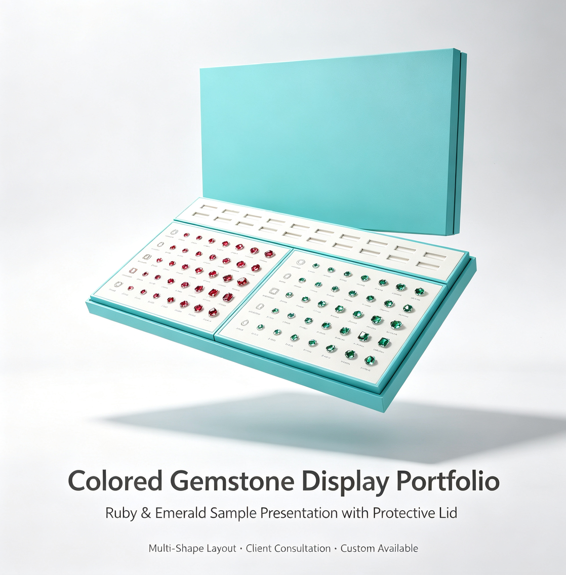 Colored Gemstone Display Portfolio | Ruby & Emerald Sample Presentation with Protective Lid | Multi-Shape Gemstone Layout for Jewelry Store Consultation