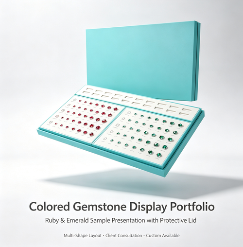 Colored Gemstone Display Portfolio | Ruby & Emerald Sample Presentation with Protective Lid | Multi-Shape Gemstone Layout for Jewelry Store Consultation