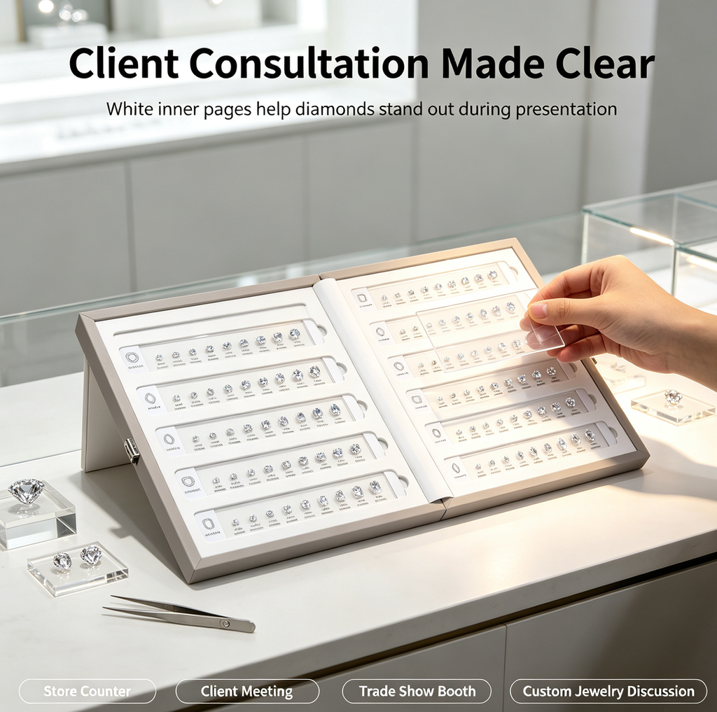Removable Acrylic Diamond Display Book | Hands-On Diamond Shape & Size Comparison Tray for Jewelry Stores, Client Consultation and Trade Shows