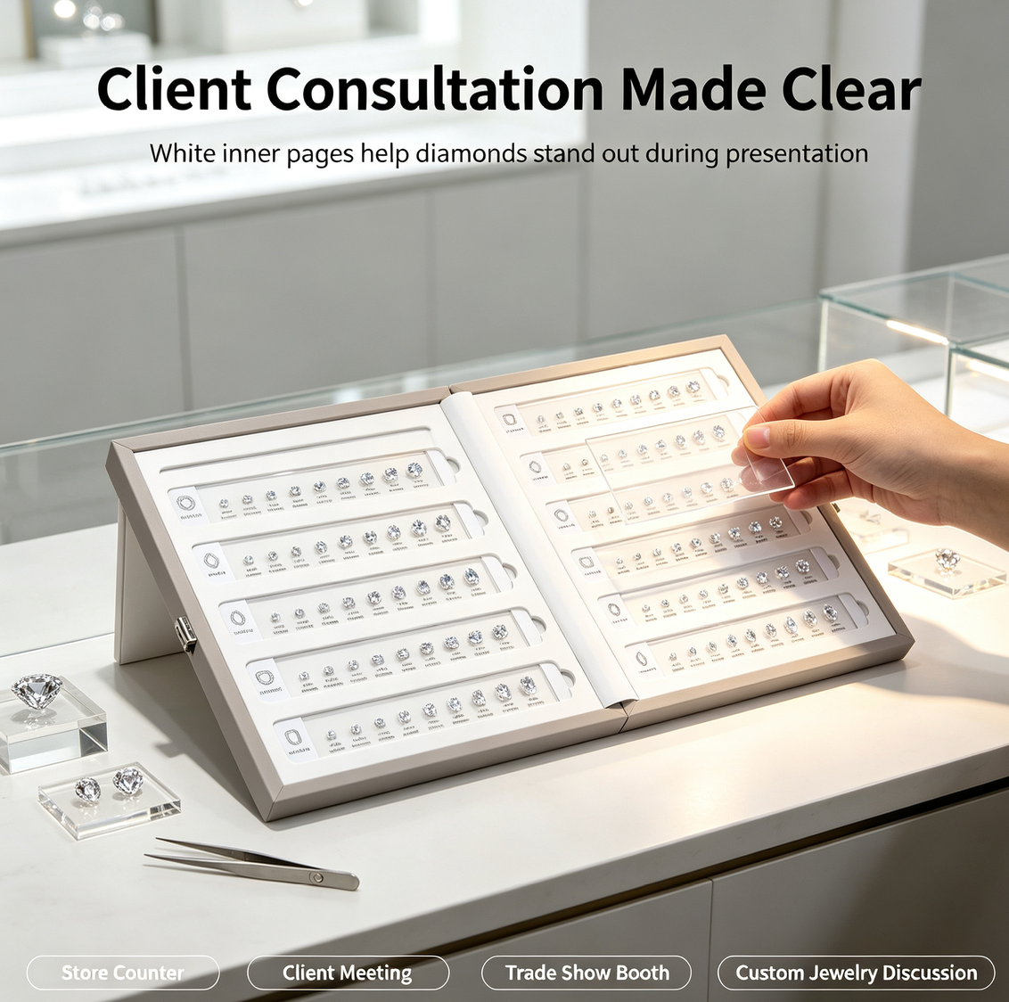 Removable Acrylic Diamond Display Book | Hands-On Diamond Shape & Size Comparison Tray for Jewelry Stores, Client Consultation and Trade Shows