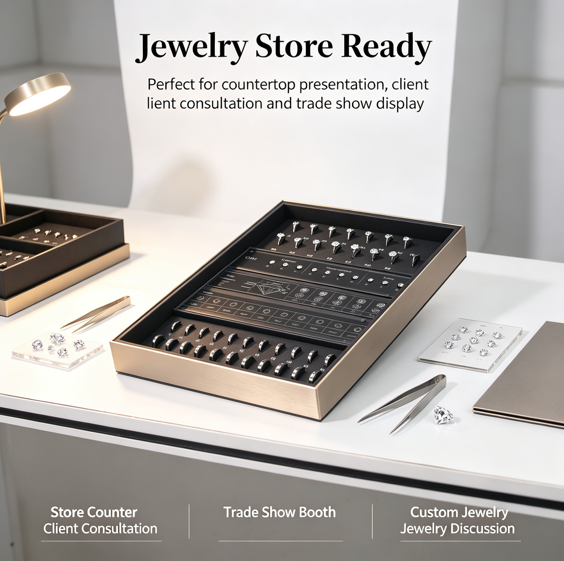 Premium Metal 4C Diamond Grading Display Kit | Dual Style Stand & Storage Box | Carat, Color, Cut, Clarity & US Ring Size Reference Tool for Jewelry Stores & Trade Shows