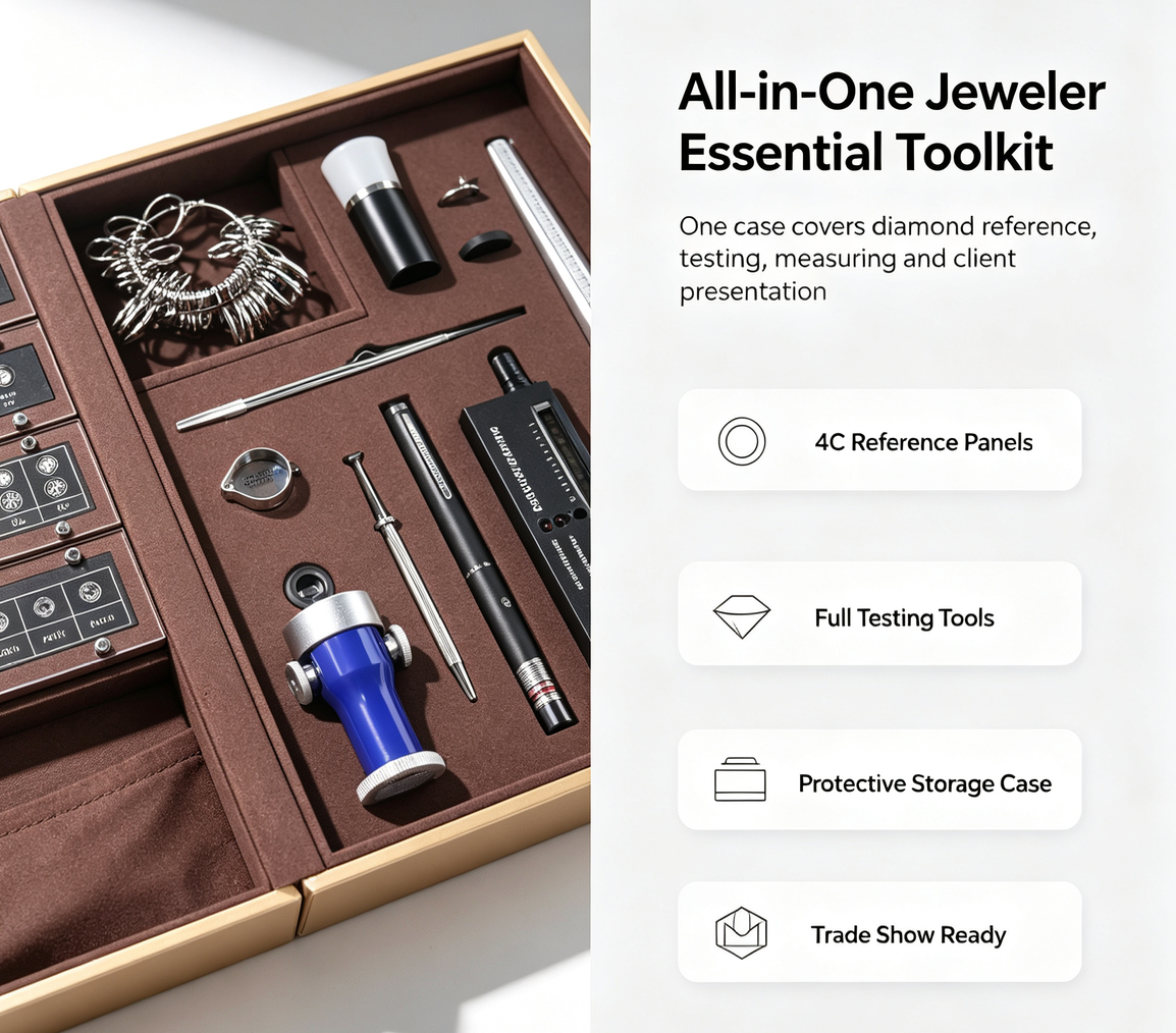 Complete Diamond 4C Master Tool Kit | All‑in‑One Professional Jeweler Consultation Box, with 4C Reference Samples, Diamond Tester, Loupe, Ring Sizer Set for Jewelry Store, Trade Show & Gem Training