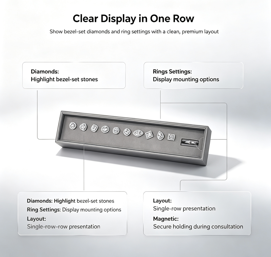 Luxury Single-Row Magnetic Diamond & Ring Setting Display Box | Bezel-Set Stone Presentation Tray for Fine Jewelry Stores, Client Consultation and Exhibition Display