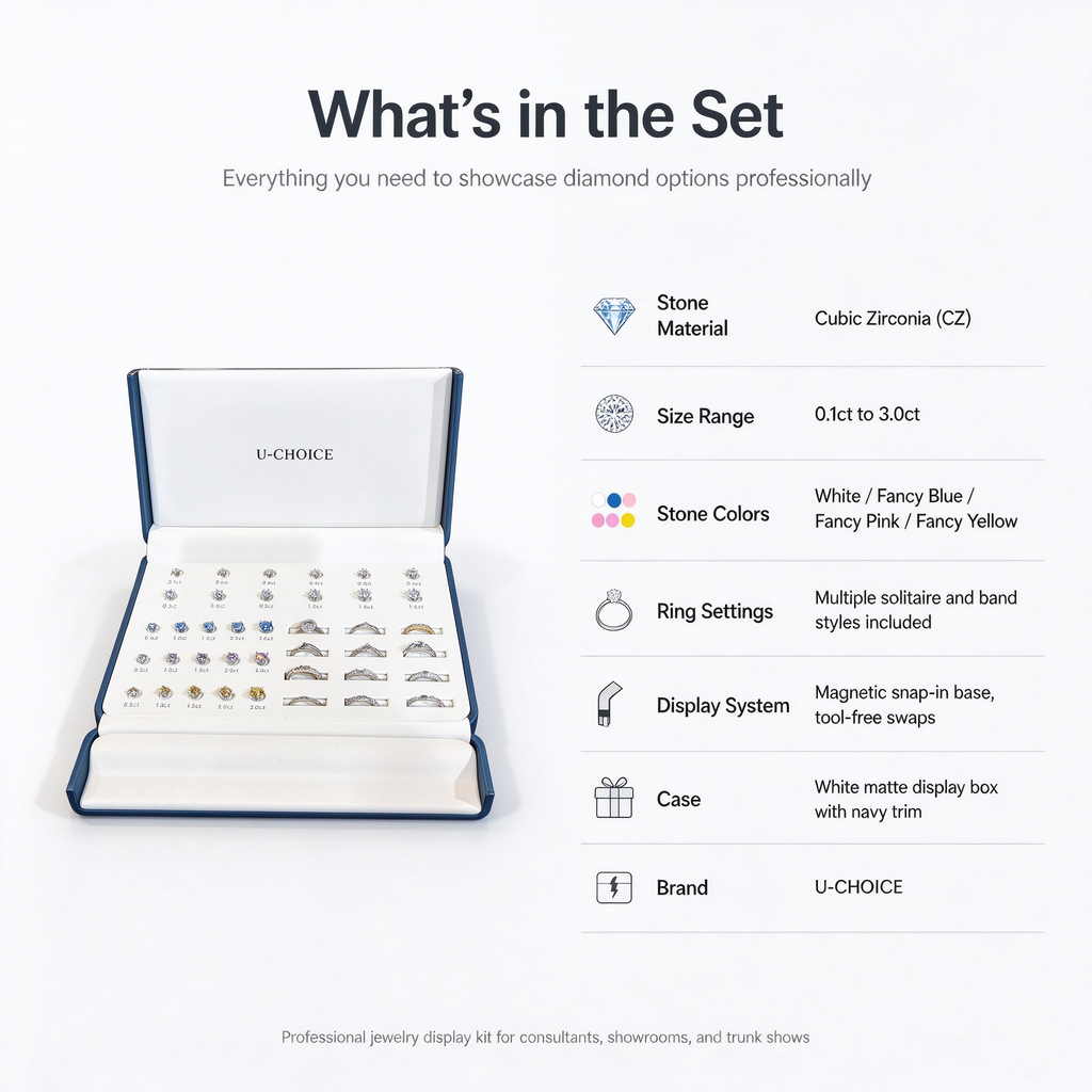 Uchoice Magnetic Diamond Display Set and Jewelry Store Ring Sizing Kit with 22 Diamond Simulants 0.1–3.0ct in White and Blue and Pink and Yellow and 12 Ring Settings with Professional Bridal Sales Tool