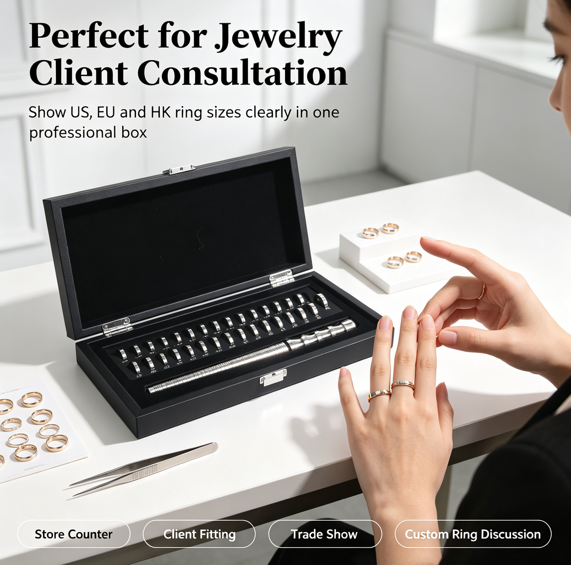 Ring Size Display Box | US, EU & HK Ring Size Reference | Professional Ring Sizing Kit for Jewelry Stores, Client Fitting & Trade Shows