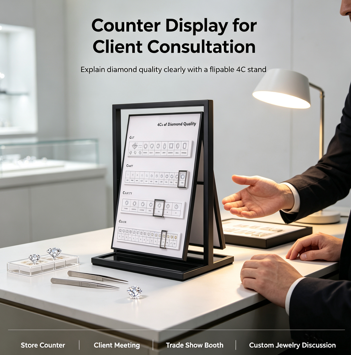 4C Diamond Quality Display Stand | Flipable Counter Stand with Mirror Back | Diamond Cut, Carat, Clarity & Color Reference for Jewelry Store Consultation