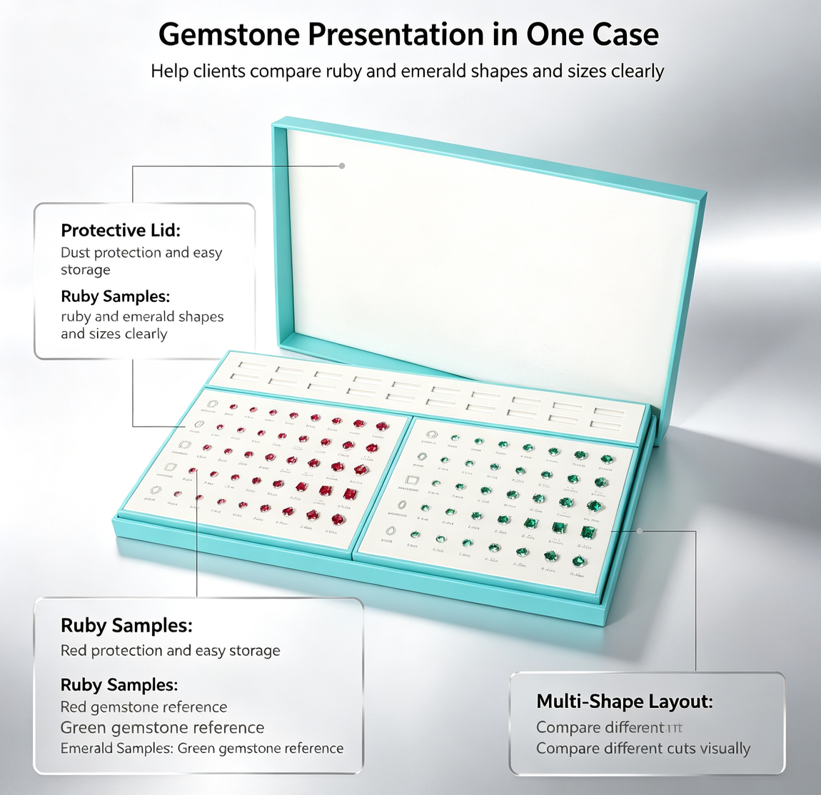 Colored Gemstone Display Portfolio | Ruby & Emerald Sample Presentation with Protective Lid | Multi-Shape Gemstone Layout for Jewelry Store Consultation