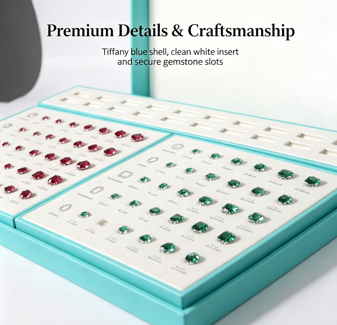 Colored Gemstone Display Portfolio | Ruby & Emerald Sample Presentation with Protective Lid | Multi-Shape Gemstone Layout for Jewelry Store Consultation