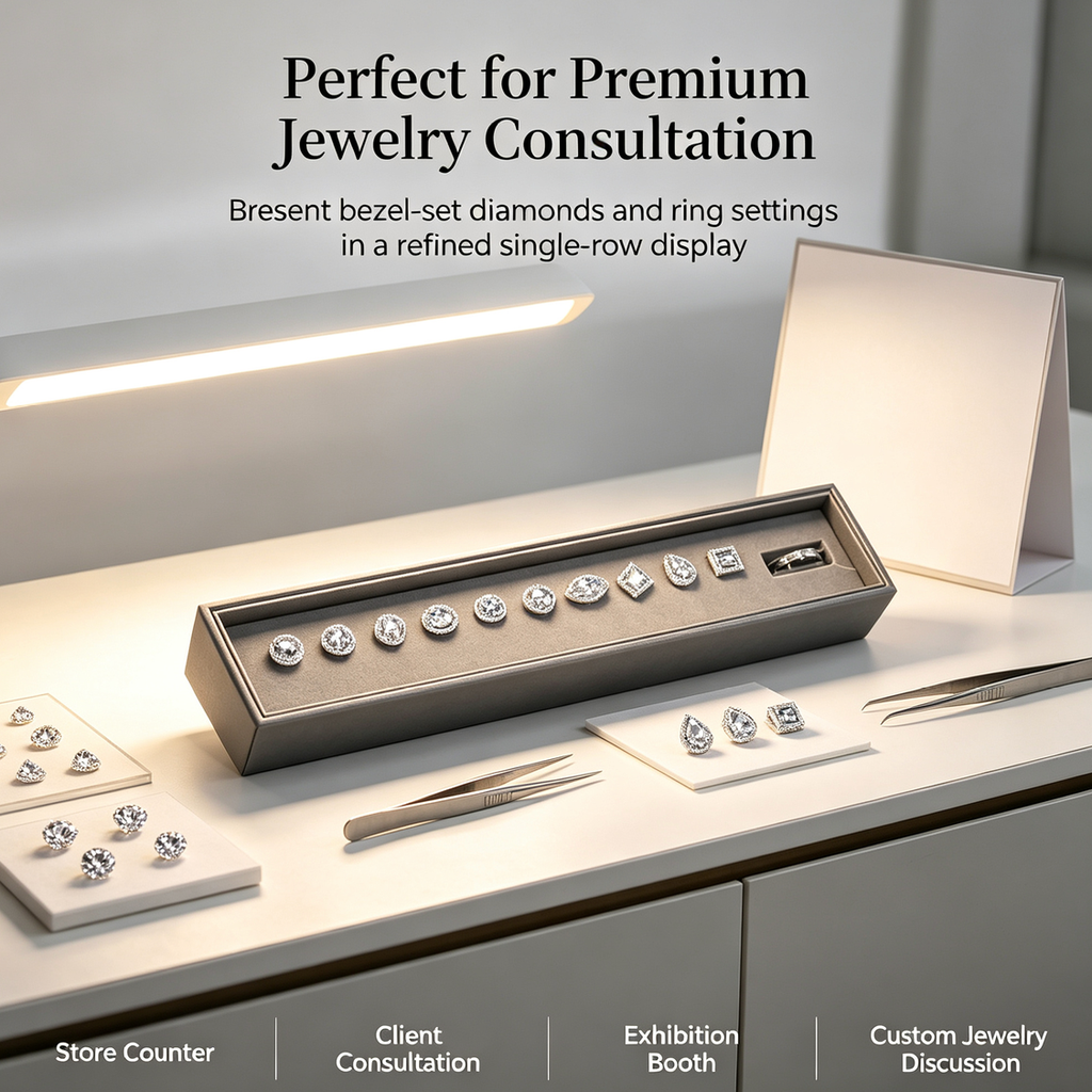 Luxury Single-Row Magnetic Diamond & Ring Setting Display Box | Bezel-Set Stone Presentation Tray for Fine Jewelry Stores, Client Consultation and Exhibition Display
