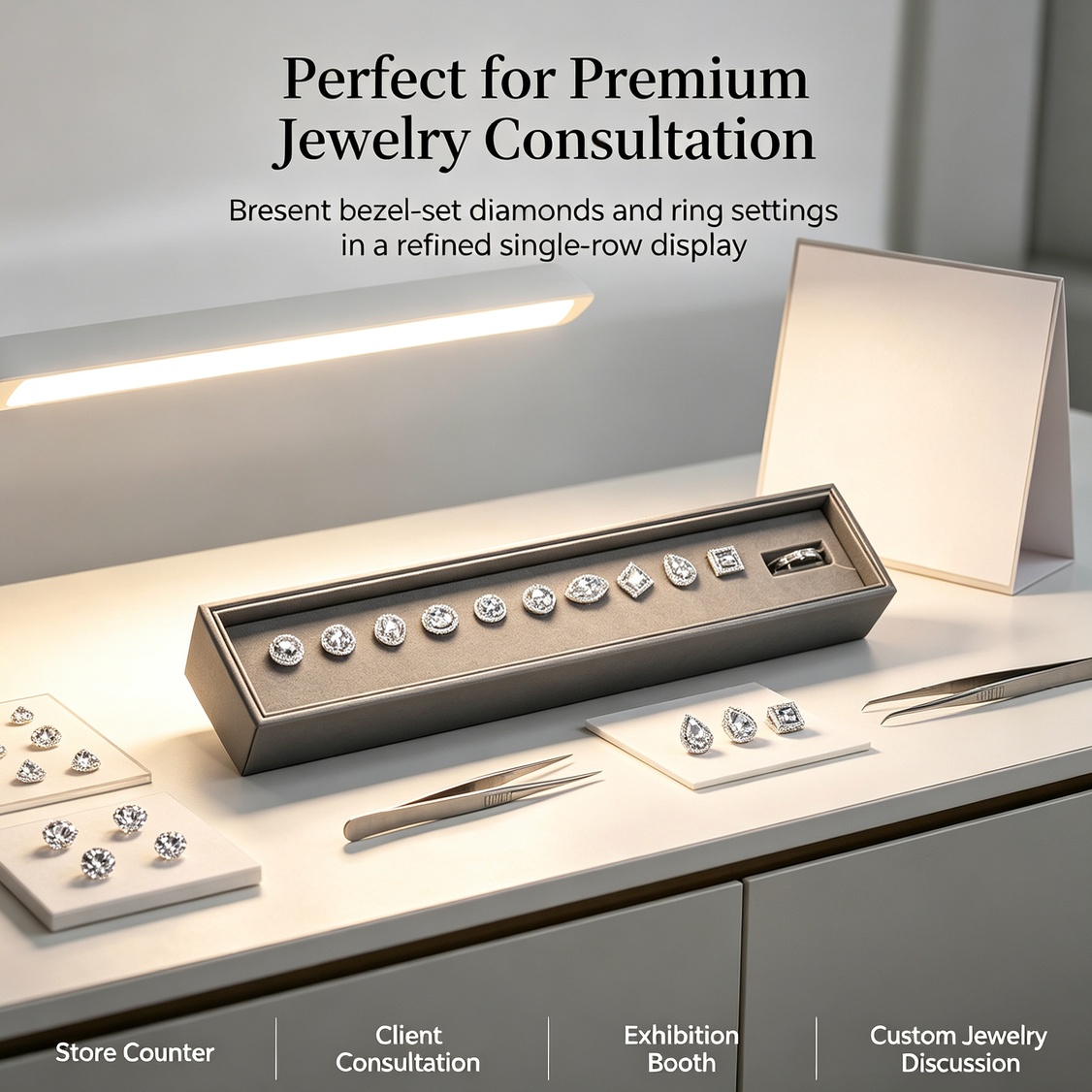 Luxury Single-Row Magnetic Diamond & Ring Setting Display Box | Bezel-Set Stone Presentation Tray for Fine Jewelry Stores, Client Consultation and Exhibition Display