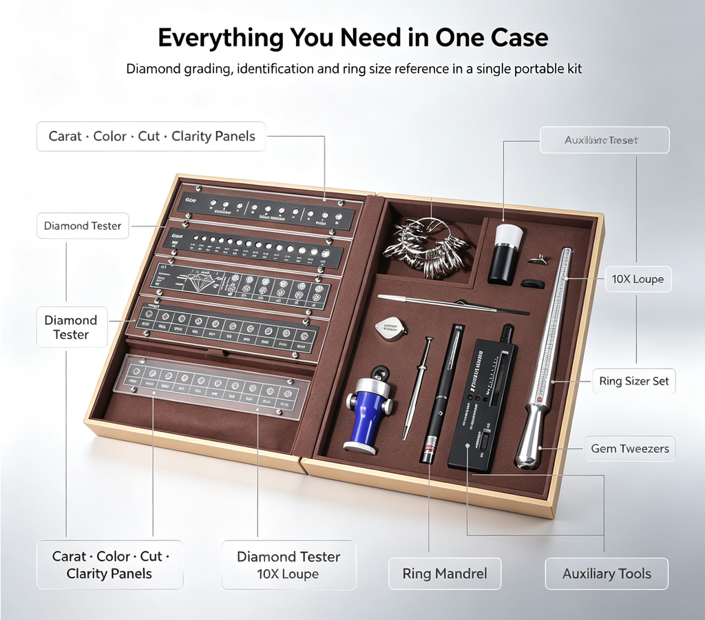 Complete Diamond 4C Master Tool Kit | All‑in‑One Professional Jeweler Consultation Box, with 4C Reference Samples, Diamond Tester, Loupe, Ring Sizer Set for Jewelry Store, Trade Show & Gem Training