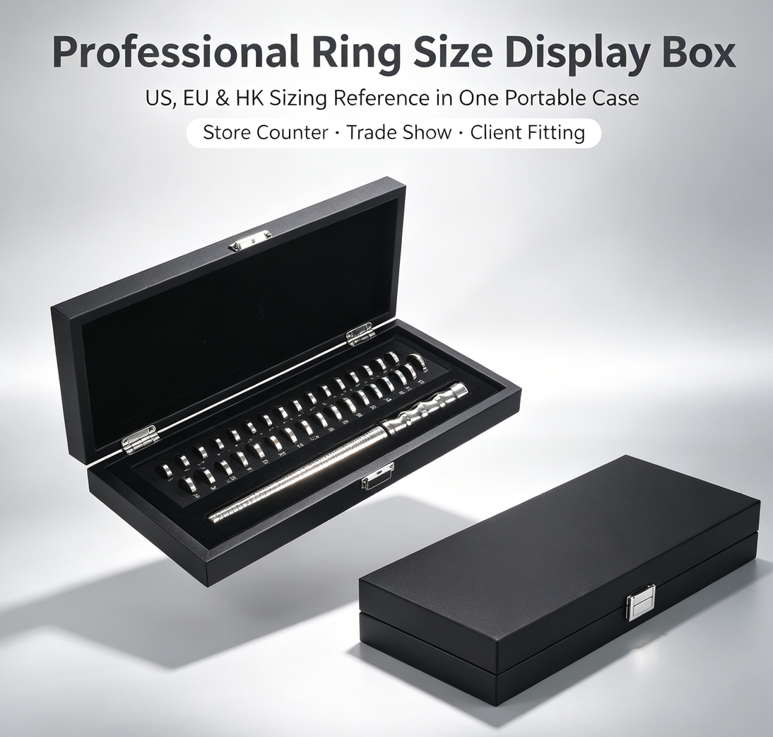 Ring Size Display Box | US, EU & HK Ring Size Reference | Professional Ring Sizing Kit for Jewelry Stores, Client Fitting & Trade Shows