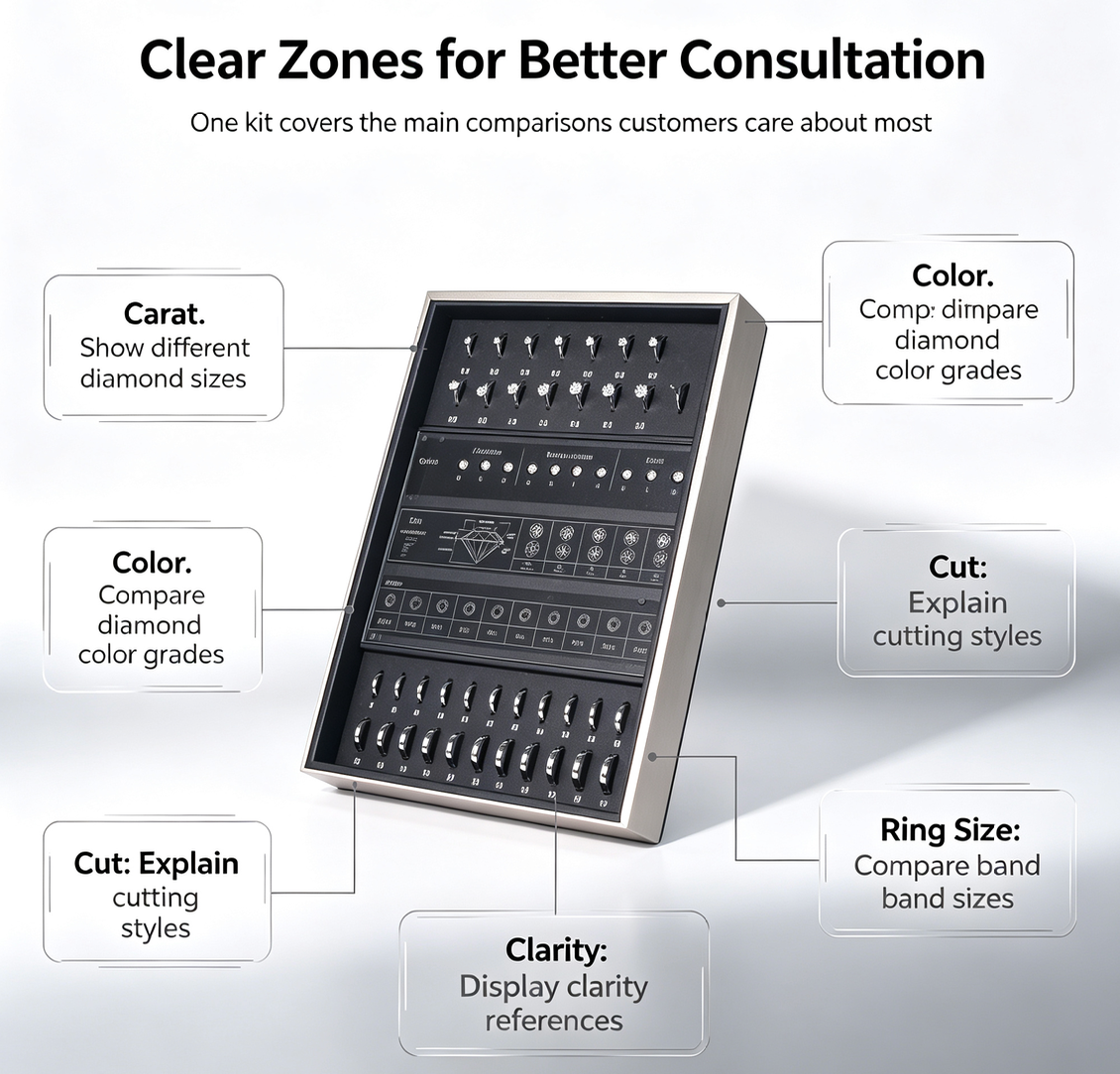 Premium Metal 4C Diamond Grading Display Kit | Dual Style Stand & Storage Box | Carat, Color, Cut, Clarity & US Ring Size Reference Tool for Jewelry Stores & Trade Shows