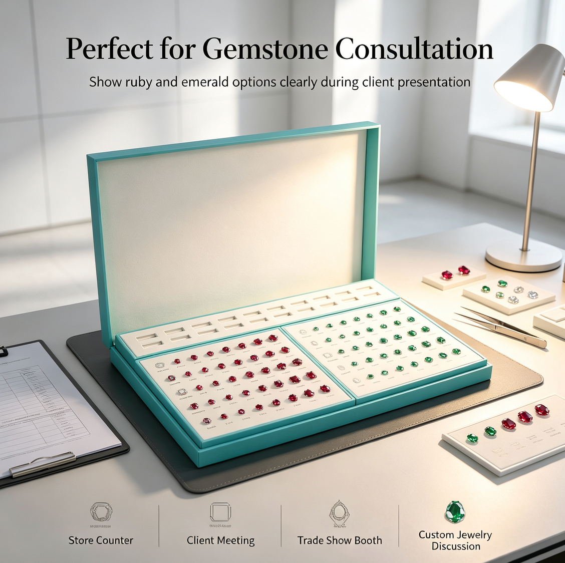 Colored Gemstone Display Portfolio | Ruby & Emerald Sample Presentation with Protective Lid | Multi-Shape Gemstone Layout for Jewelry Store Consultation