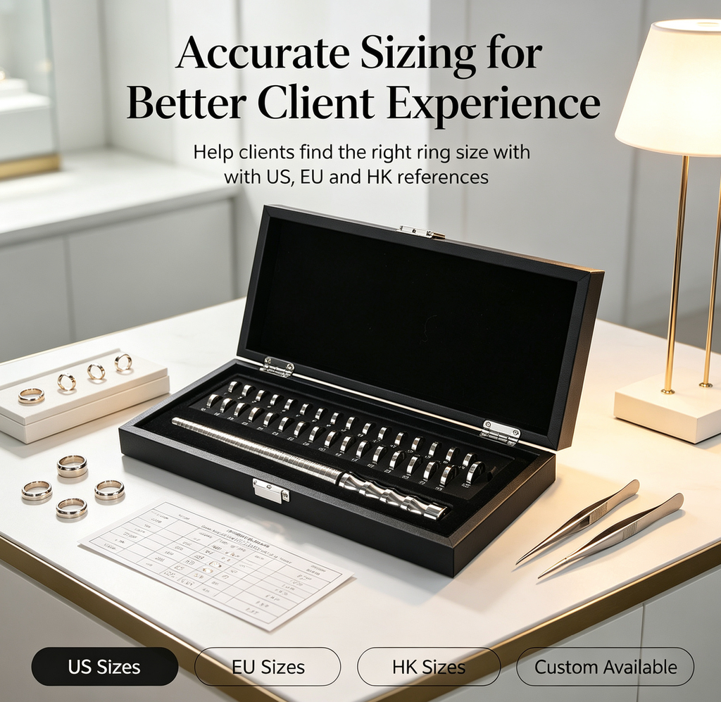Ring Size Display Box | US, EU & HK Ring Size Reference | Professional Ring Sizing Kit for Jewelry Stores, Client Fitting & Trade Shows