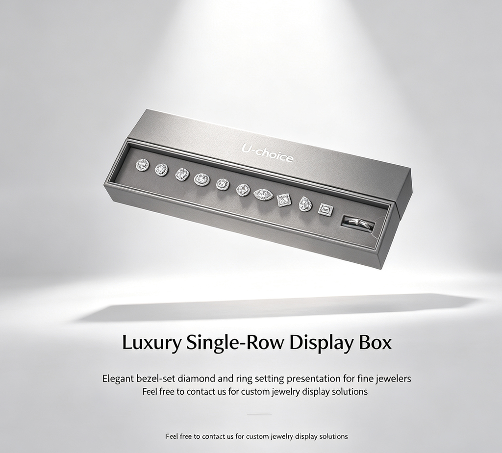 Luxury Single-Row Magnetic Diamond & Ring Setting Display Box | Bezel-Set Stone Presentation Tray for Fine Jewelry Stores, Client Consultation and Exhibition Display