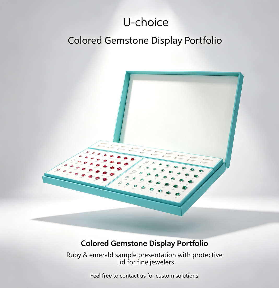 Colored Gemstone Display Portfolio | Ruby & Emerald Sample Presentation with Protective Lid | Multi-Shape Gemstone Layout for Jewelry Store Consultation