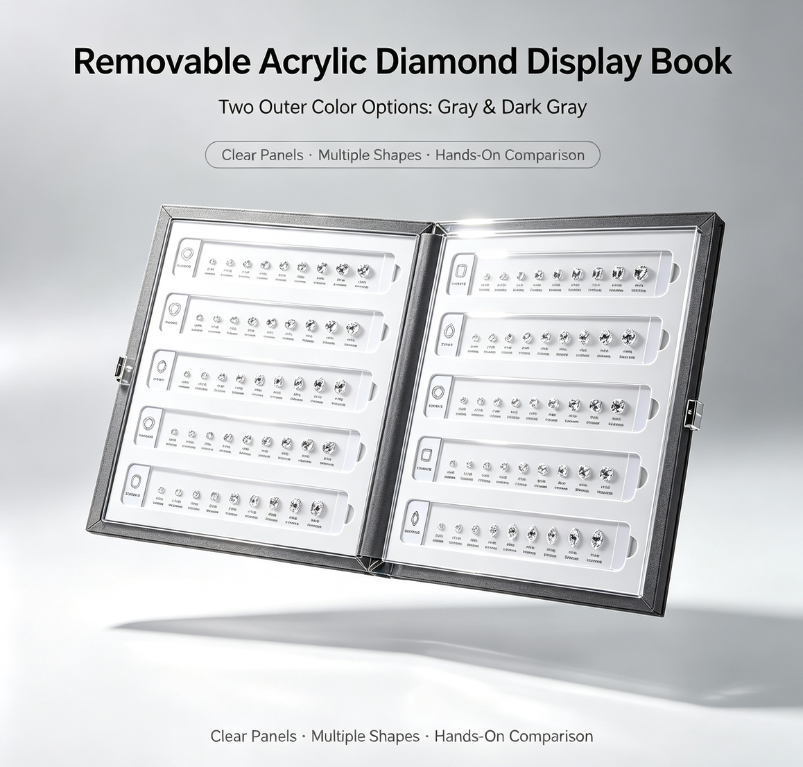 Removable Acrylic Diamond Display Book | Hands-On Diamond Shape & Size Comparison Tray for Jewelry Stores, Client Consultation and Trade Shows