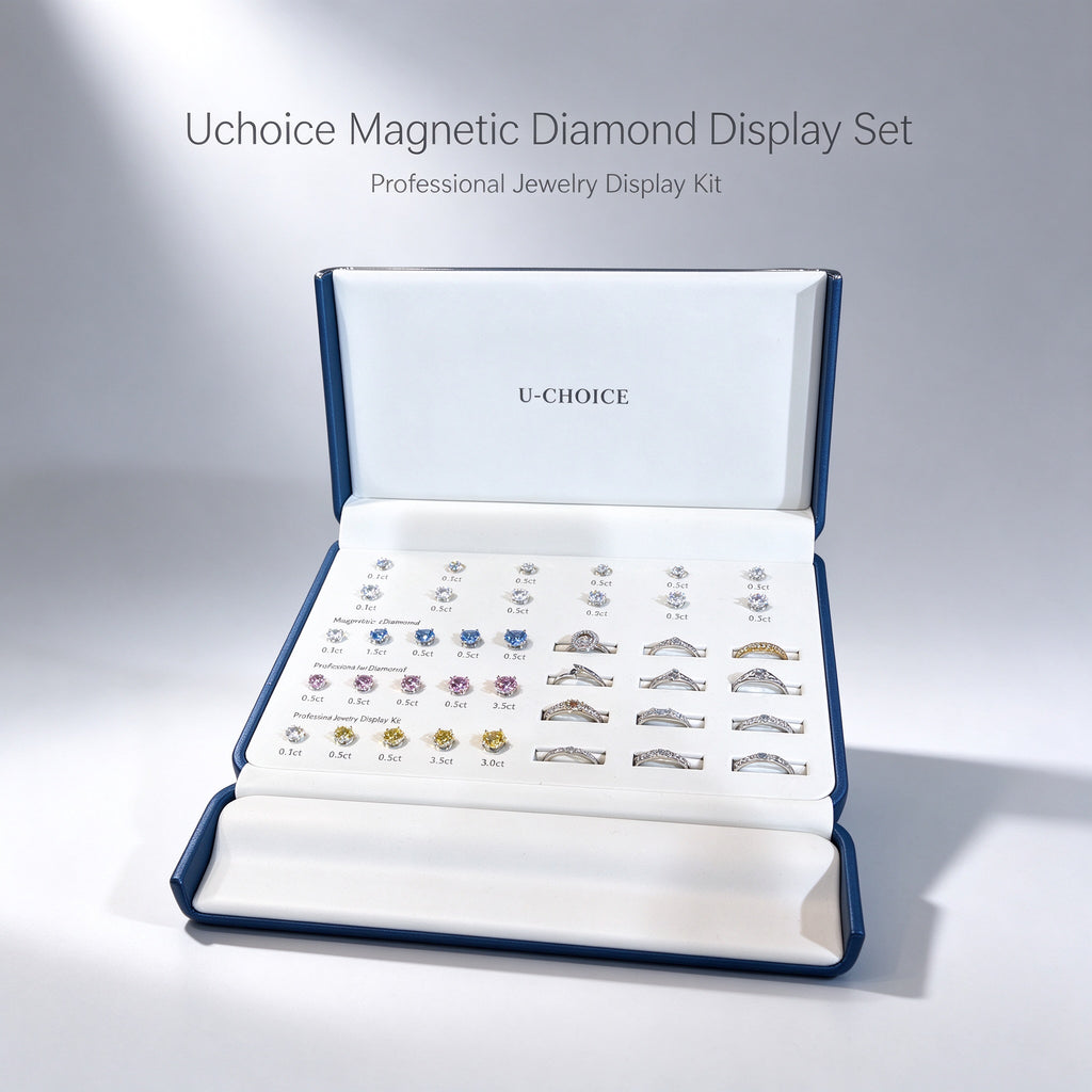 Uchoice Magnetic Diamond Display Set and Jewelry Store Ring Sizing Kit with 22 Diamond Simulants 0.1–3.0ct in White and Blue and Pink and Yellow and 12 Ring Settings with Professional Bridal Sales Tool