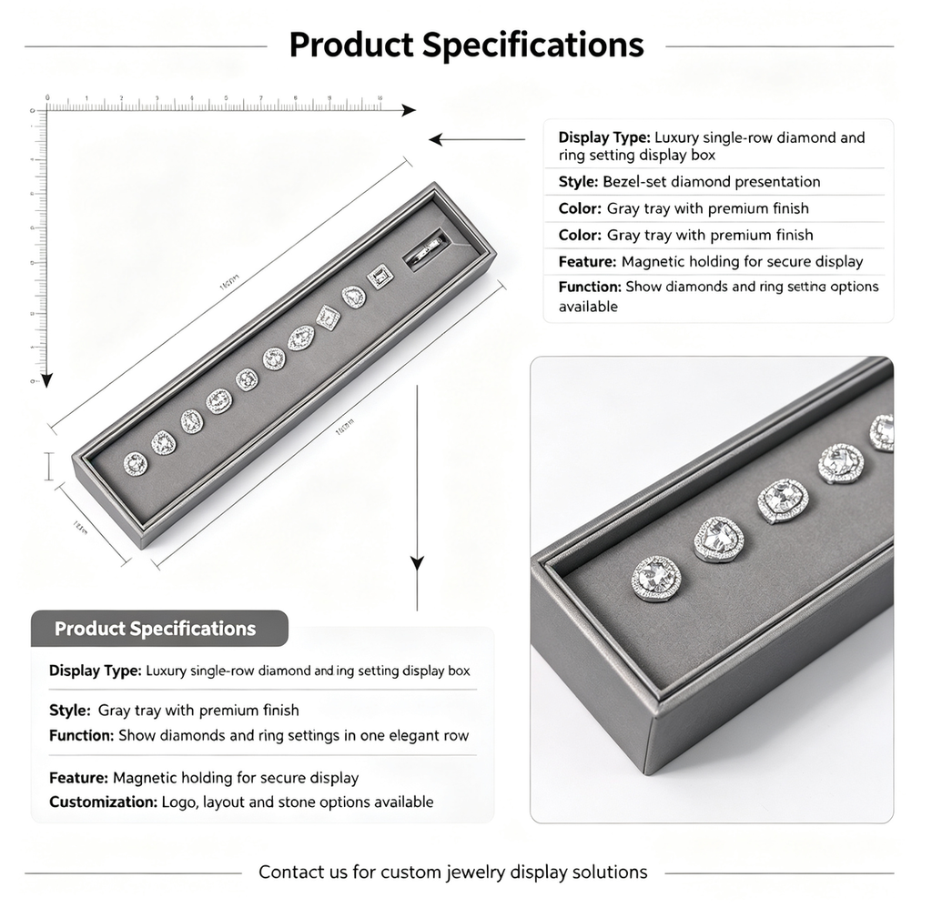 Luxury Single-Row Magnetic Diamond & Ring Setting Display Box | Bezel-Set Stone Presentation Tray for Fine Jewelry Stores, Client Consultation and Exhibition Display