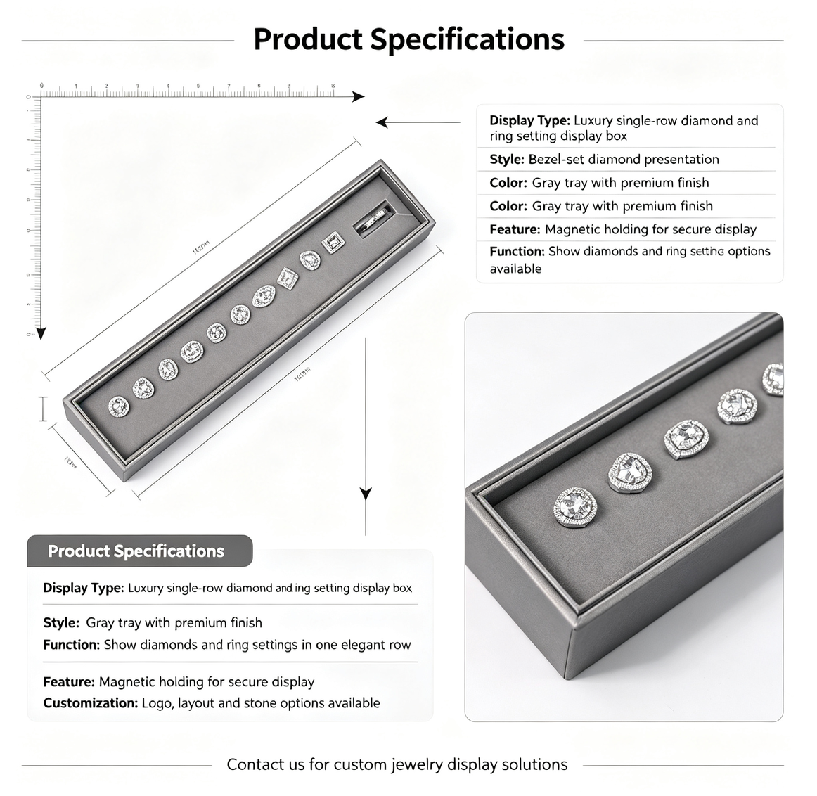 Luxury Single-Row Magnetic Diamond & Ring Setting Display Box | Bezel-Set Stone Presentation Tray for Fine Jewelry Stores, Client Consultation and Exhibition Display