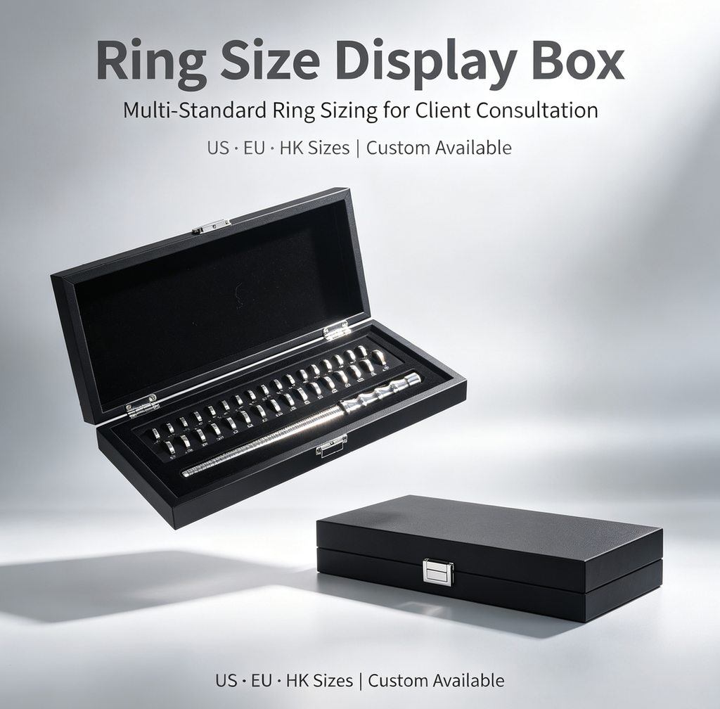 Ring Size Display Box | US, EU & HK Ring Size Reference | Professional Ring Sizing Kit for Jewelry Stores, Client Fitting & Trade Shows