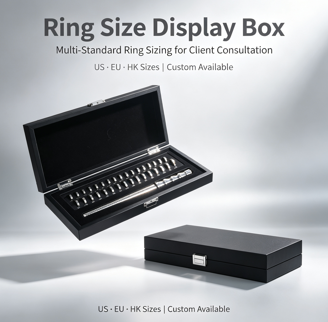 Ring Size Display Box | US, EU & HK Ring Size Reference | Professional Ring Sizing Kit for Jewelry Stores, Client Fitting & Trade Shows