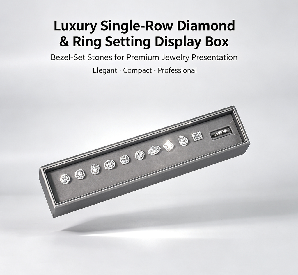 Luxury Single-Row Magnetic Diamond & Ring Setting Display Box | Bezel-Set Stone Presentation Tray for Fine Jewelry Stores, Client Consultation and Exhibition Display