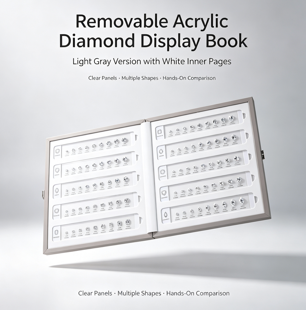 Removable Acrylic Diamond Display Book | Hands-On Diamond Shape & Size Comparison Tray for Jewelry Stores, Client Consultation and Trade Shows